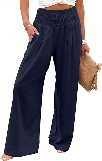 Photo 1 of ANRABESS Women Linen Palazzo Pants Summer Boho Wide Leg High Waist Casual Lounge Pant Trousers with Pockets BLUE