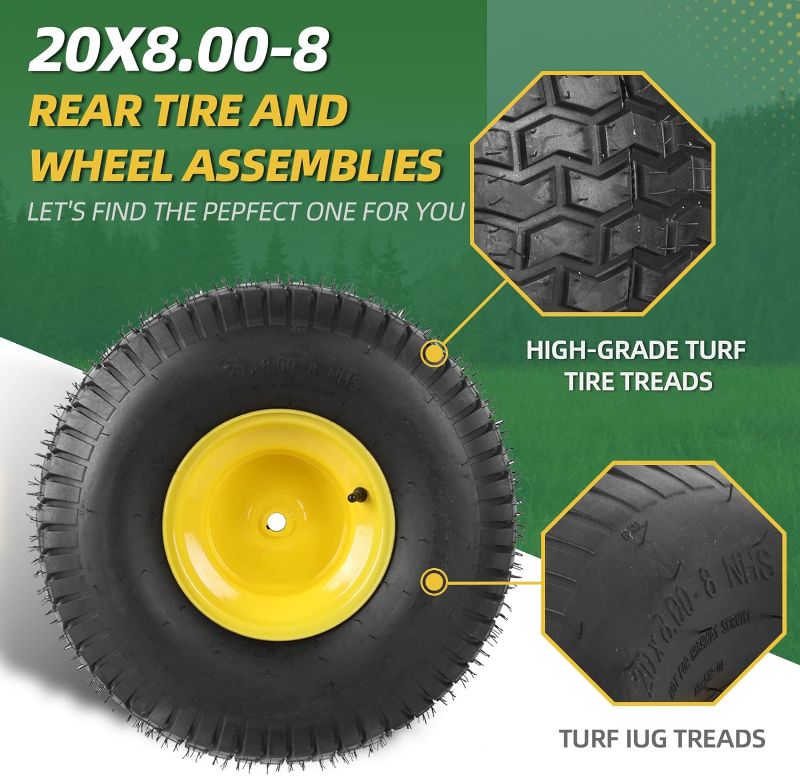 Photo 1 of 20x8.00-8 Rear Tire and Wheel Assemblies - 4 Ply Tubeless Tire Compatible Replacement for Riding Lawn Mowers - 3/4" Borehole, 3.5" Offset Hub and 3/16" Keyway