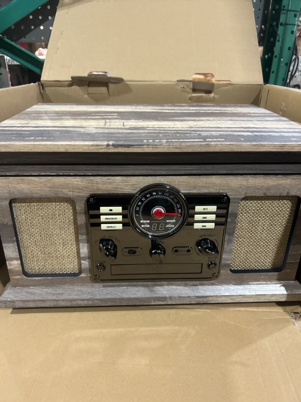 Photo 2 of Victrola Nostalgic 6-in-1 Bluetooth Record Player & Multimedia Center & Cassette Player, AM/FM Radio | Wireless Music Streaming | Farmhouse Shiplap Grey & Wooden Record Crate, Wood Color Farmhouse Shiplap Grey Entertainment Center + Record