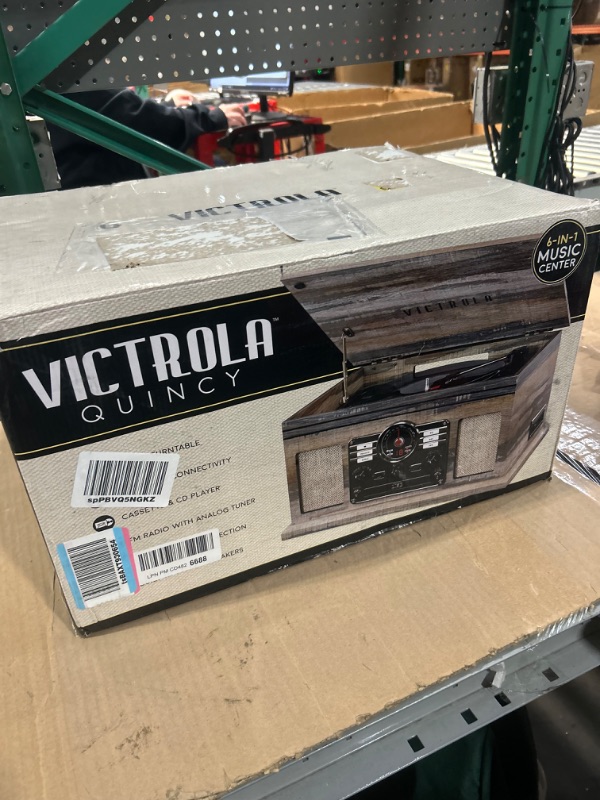 Photo 4 of Victrola Nostalgic 6-in-1 Bluetooth Record Player & Multimedia Center & Cassette Player, AM/FM Radio | Wireless Music Streaming | Farmhouse Shiplap Grey & Wooden Record Crate, Wood Color Farmhouse Shiplap Grey Entertainment Center + Record