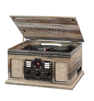 Photo 1 of Victrola Nostalgic 6-in-1 Bluetooth Record Player & Multimedia Center & Cassette Player, AM/FM Radio | Wireless Music Streaming | Farmhouse Shiplap Grey & Wooden Record Crate, Wood Color Farmhouse Shiplap Grey Entertainment Center + Record