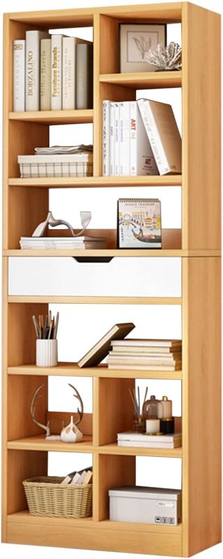 Photo 1 of IOTXY Wooden Open Shelf Bookcase - 71 Inches Tall Freestanding Display Storage Cabinet Organizer with 10 Cubes and a Drawer, Floor Standing Bookshelf in Maple Yellow