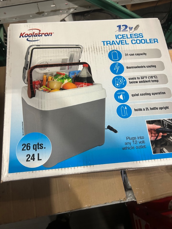 Photo 2 of Koolatron Thermoelectric Iceless 12V Cooler 25 L (26 qt), Electric Portable Car Fridge w/ 12 Volt DC Power Cord, Gray/White, Travel Road Trips Camping Fishing Trucking, Made in North America