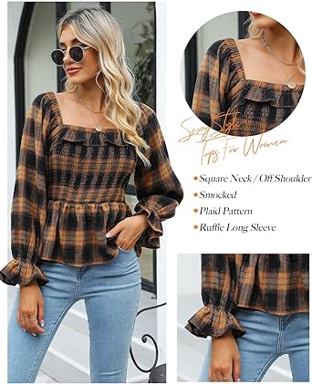 Photo 1 of BMJL Womens Flannel Shirts Square Neck Fall Shirts Buffalo Plaid Peplum Top Sexy Off The Shoulder Top Trendy 2023
 
