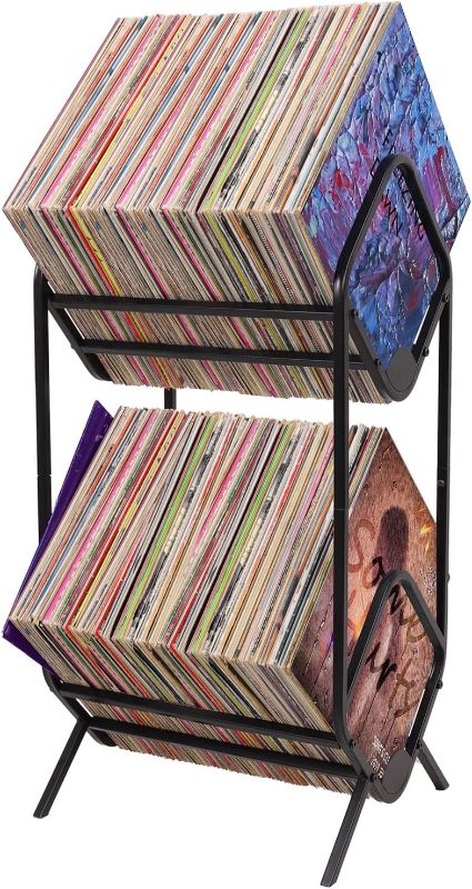 Photo 1 of JORDFY 2-Tier Vinyl Record Storage Rack, Curved Black Metal Display Stand with Dividers, Baffle Protection Record Holder