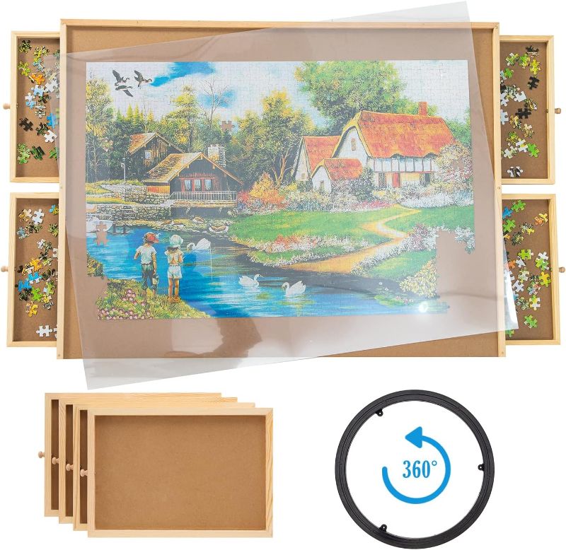 Photo 1 of 1000 Piece Wooden Jigsaw Puzzle Board - 4 Drawers, Rotating Puzzle Table | 30” X 22” Jigsaw Puzzle Table | Puzzle Cover Included - Portable Puzzle Tables for Adults and Kids by Beyond Innoventions