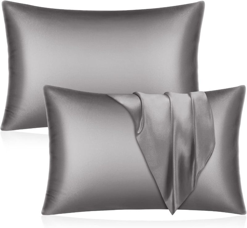 Photo 1 of  * 2 PACK  *YUHX Silk Satin Pillowcase Grey Queen Size Pillowcase Set of 2, Soft Silky Pillow Cases  (20x30 inches,Grey) 