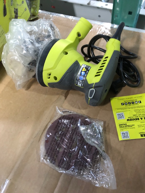 Photo 3 of Ryobi RS290G 2.6 Amp 12,500 OPM Single Speed 5 Inch Hook and Loop Corded Random Orbit Sander w/ 3 Pads and Dust Bag