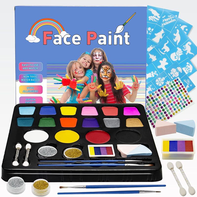 Photo 1 of 215 PCS Face Paint Kit for Kids, 17 Colors Face Painting Set Includes Stickers Brushes Sponges, Water Based Quick Dry Professional Face Body Painting Kits