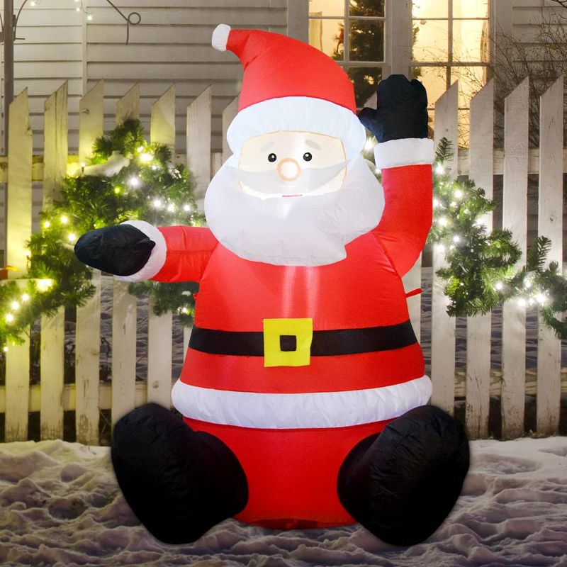 Photo 1 of  Christmas Inflatable Santa Claus with Built-in LED Light, Light up Santa Sitting Raising Hand Outdoor 