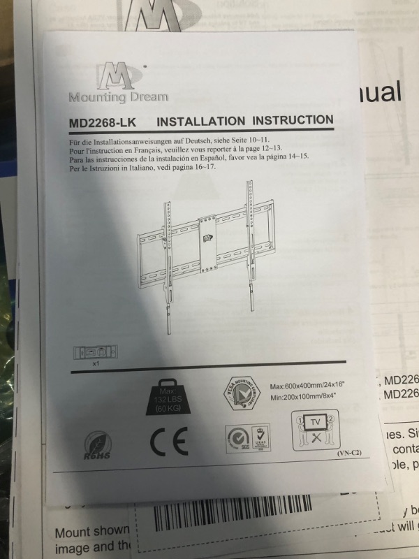 Photo 4 of Mounting Dream UL Listed TV Mount for Most 37-75 Inch TV, Universal Tilt TV Wall Mount Fit 16", 18", 24" Stud with Loading Capacity 132lbs, Max Vesa 600 x 400mm