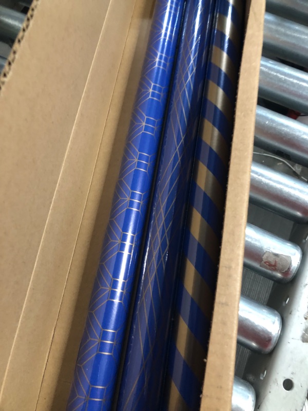 Photo 2 of Hallmark All Occasion Wrapping Paper Bundle with Cut Lines on Reverse - Dark Blue and Gold Stripes (3-Pack: 105 sq. ft. ttl.) for Christmas, Hanukkah, Birthdays, Graduations, Father's Day, Weddings Navy and Gold