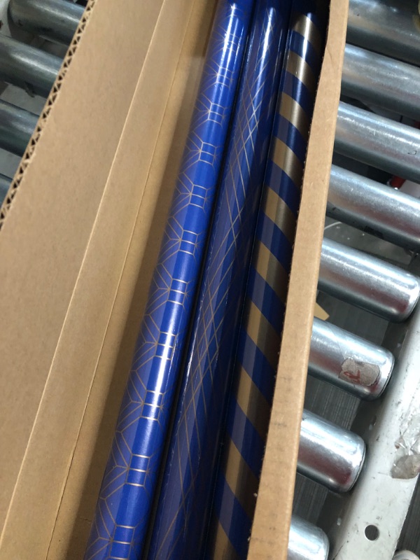 Photo 3 of Hallmark All Occasion Wrapping Paper Bundle with Cut Lines on Reverse - Dark Blue and Gold Stripes (3-Pack: 105 sq. ft. ttl.) for Christmas, Hanukkah, Birthdays, Graduations, Father's Day, Weddings Navy and Gold