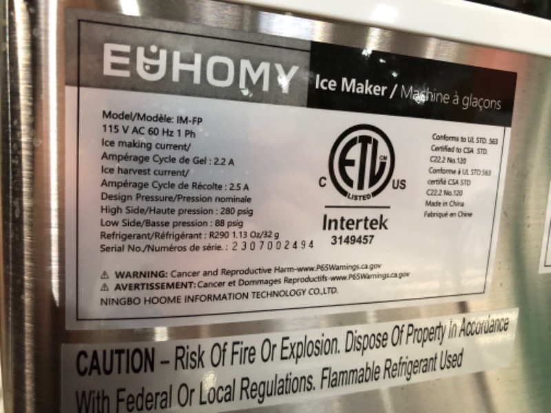 Photo 2 of **PARTS ONLY**
Euhomy Ice Maker Machine Countertop, 45Lbs/Day 24 Pcs 9.92 x 14.17 x 14.61 inches Silver 1