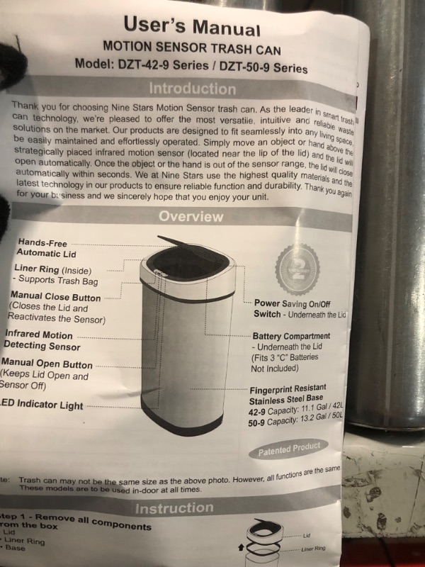 Photo 6 of ***MOTION SENSING FUNCTION DOESN'T WORK***
NINESTARS DZT-50-9 Automatic Touchless Infrared Motion Sensor Trash Can, 13 Gal 50L 