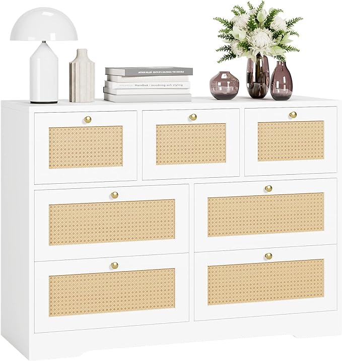Photo 1 of 
FOTOSOK White Dresser, Rattan Dresser 7 Drawer Dresser with Gold Handles, White Gold Dresser Boho Dresser White Chest of Drawers, 7 Drawer Dresser for Home, Rattan Surface
