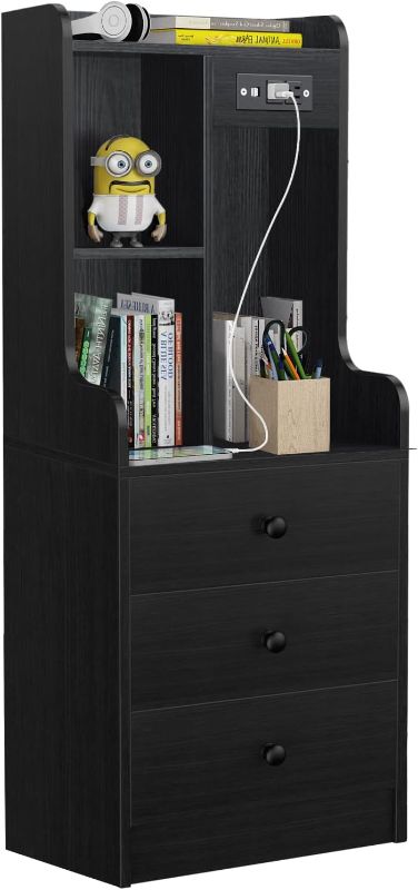 Photo 1 of  Modern Nightstand with Charging Station, Tall End Table for Bedroom Living Room, Bed Side Table/Night Stand with 3 Drawers,