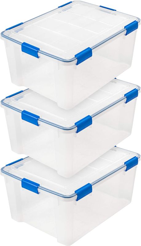 Photo 1 of ***CORNERS AND HANDLES BROKEN - SEE PICTURES***
IRIS USA 3 Pack 60 Quart WeatherPro Plastic Storage Box