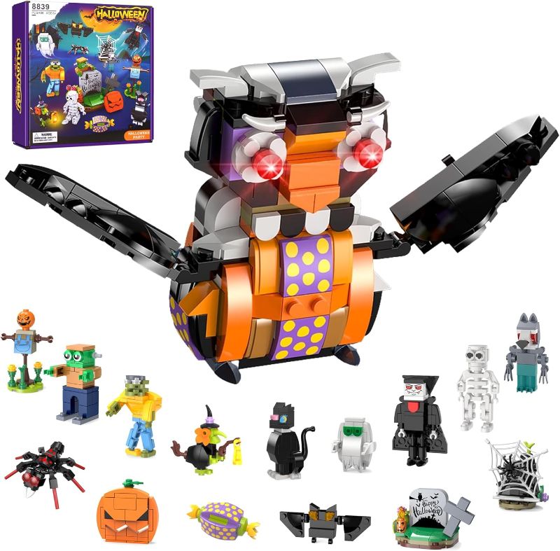 Photo 1 of Booyuer Halloween Building Block Set, 498Pcs Halloween Pumpkin Owl Demon Zombie Vampire Grim Reaper 2 pack NO REFUND 