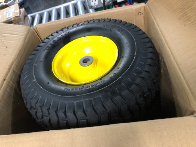 Photo 2 of (2 Pack) AR-PRO Exact Replacement 15" x 6.00 - 6" Front Tire and Wheel Assemblies for John Deere Riding Mowers - Compatible with John Deere 100 and D100 Series - 3” Hub Offset and 3/4” Bushings 15" x 6.00-6" Yellow