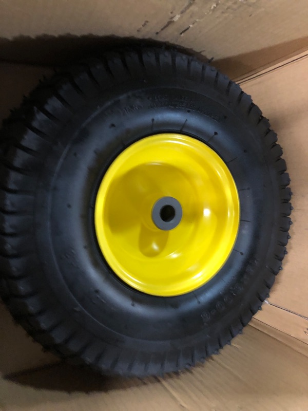 Photo 3 of (2 Pack) AR-PRO Exact Replacement 15" x 6.00 - 6" Front Tire and Wheel Assemblies for John Deere Riding Mowers - Compatible with John Deere 100 and D100 Series - 3” Hub Offset and 3/4” Bushings 15" x 6.00-6" Yellow