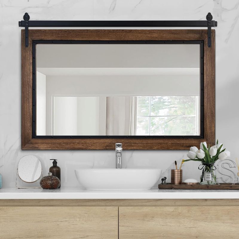 Photo 1 of **DAMAGE**
YOSHOOT Farmhouse Barn Door Mirror, 48"x30" Rustic Bathroom Mirror, 