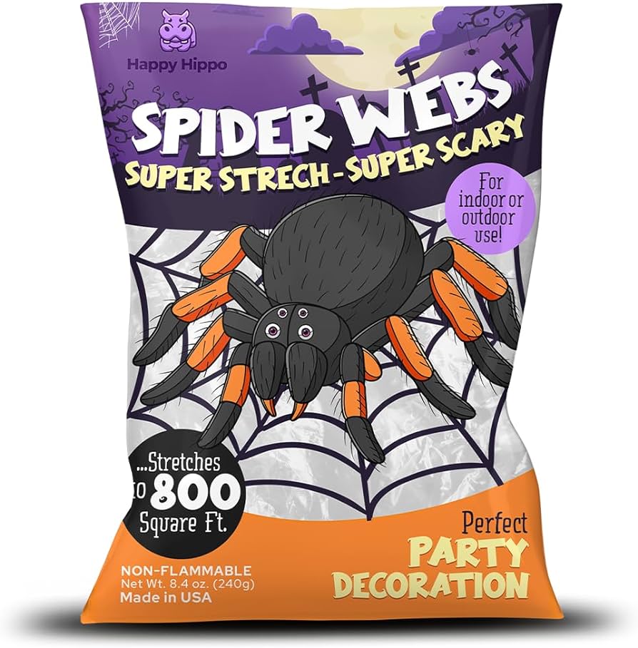 Photo 1 of  ( Bundle of 4) Happy Hippo Halloween Spider Web Decoration, 800 Sqare Feet & Plastic Spiders