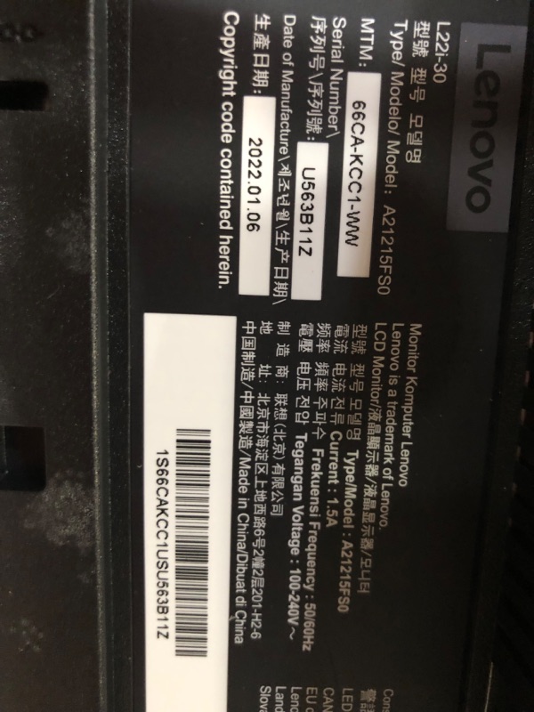 Photo 1 of Lenovo L22i-30-2022 - Everday Monitor - 21.5 Inch FHD - 75 Hz-AMD Freesync - Low Blue Light Certified - Tilt Stand - HDMI & VGA, Black 22" FHD Monitor
