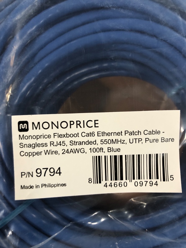 Photo 4 of Monoprice Cat6 Ethernet Patch Cable - RJ45, Stranded, 550Mhz, UTP, Pure Bare Copper Wire, 24AWG, 100 Feet, Blue - Flexboot Series blue 100 Feet Cable