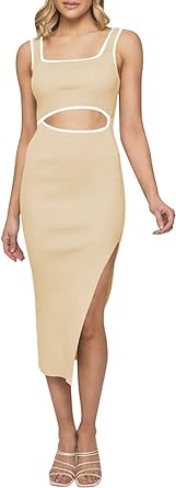 Photo 1 of HUUSA Women's Long Sleeve Cutout Bodycon Dress Sexy Crewneck Crisscross Twist Slim Fitted Ribbed Knit Party Slit Midi Dresses X-Large Apricot