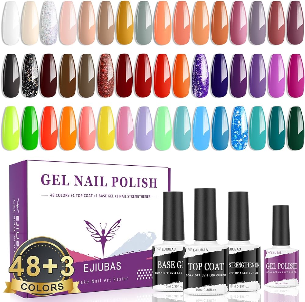 Photo 1 of Ejiubas Gel Nail Polish 51 Bottles - Long Lasting Over 30 Days, Gel Nail Polish Kit 48 Colors with Glossy Gel Top Coat Base Coat and Nail Strengthener All Seasons Soak Off Gel Nail Polish Set