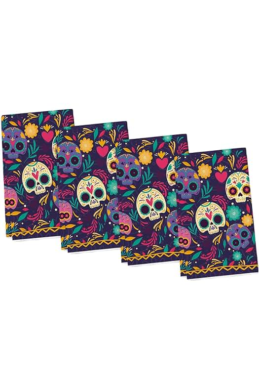 Photo 1 of Artoid Mode Sugar Skulls Leaves Marigolds Day of The Dead Kitchen Towels Dish Towels, 18x26 Inch Halloween Seasonal Decoration Hand Towels Set of 4