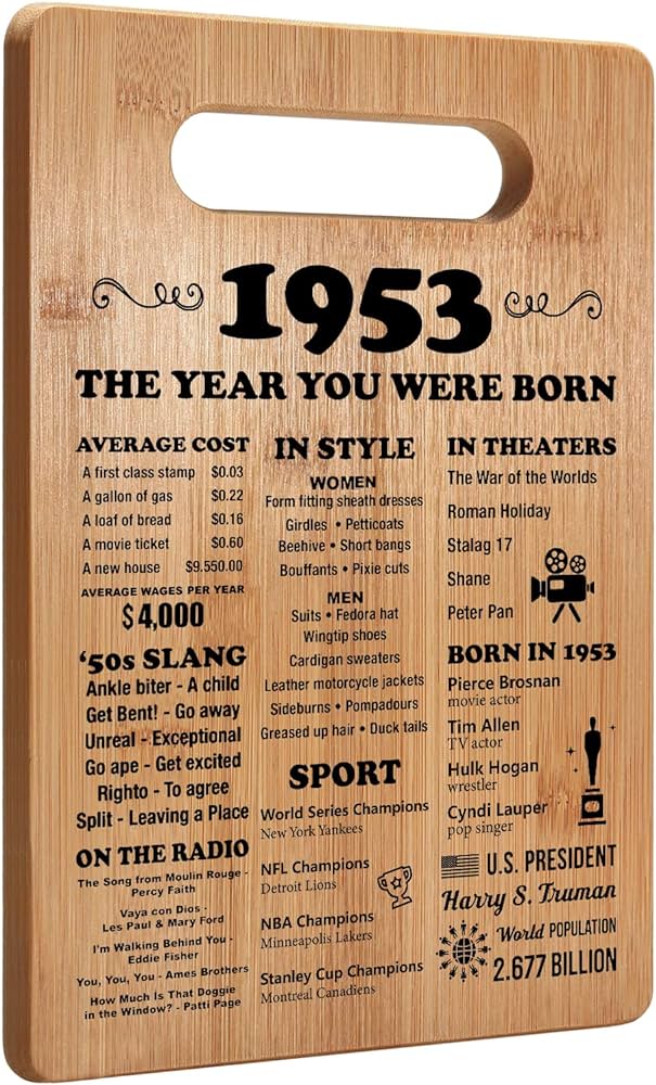 Photo 1 of 70th Birthday Gifts for Women Men, 70 Year Old Birthday Gifts, 1953 Poster, Back In 1953 Cutting Board, 70th Birthday Decorations