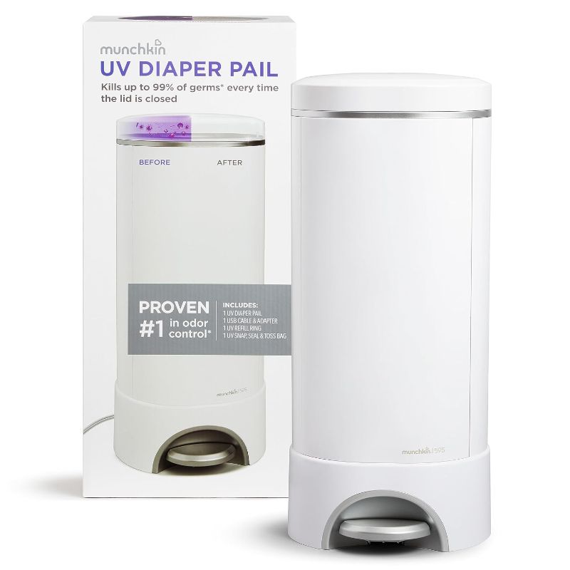 Photo 1 of **SEE NOTES/DAMAGED**
Munchkin® UV Diaper Pail #1 in Odor Control, LED UV Lights Kills 99% of Germs and Odor Causing Bacteria on Lid Surface, Includes 1 UV Refill Ring and 1 UV Snap, Seal & Toss Bag
