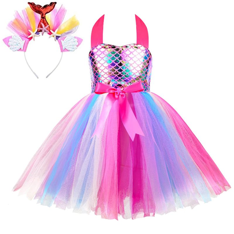 Photo 1 of Simplecc Girls Mermaid Costume Mermaid Princess Tutu Dress for Birthday Party 1-10Years Red 5-6 Years