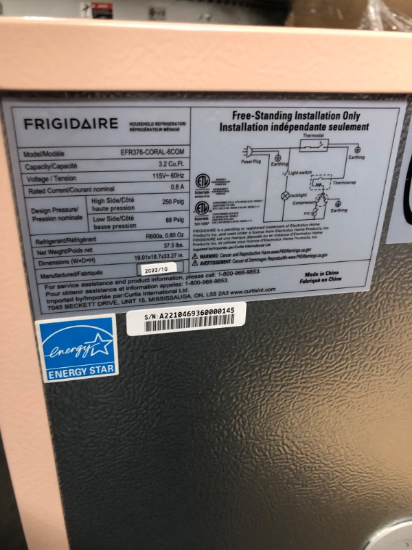 Photo 1 of **SEE NOTES/NON-REFUNDABLE/FOR PARTS**
Frigidaire EFR376-CORAL Retro Bar Fridge Refrigerator with Side Bottle Opener, 3.2 cu. Ft, Coral