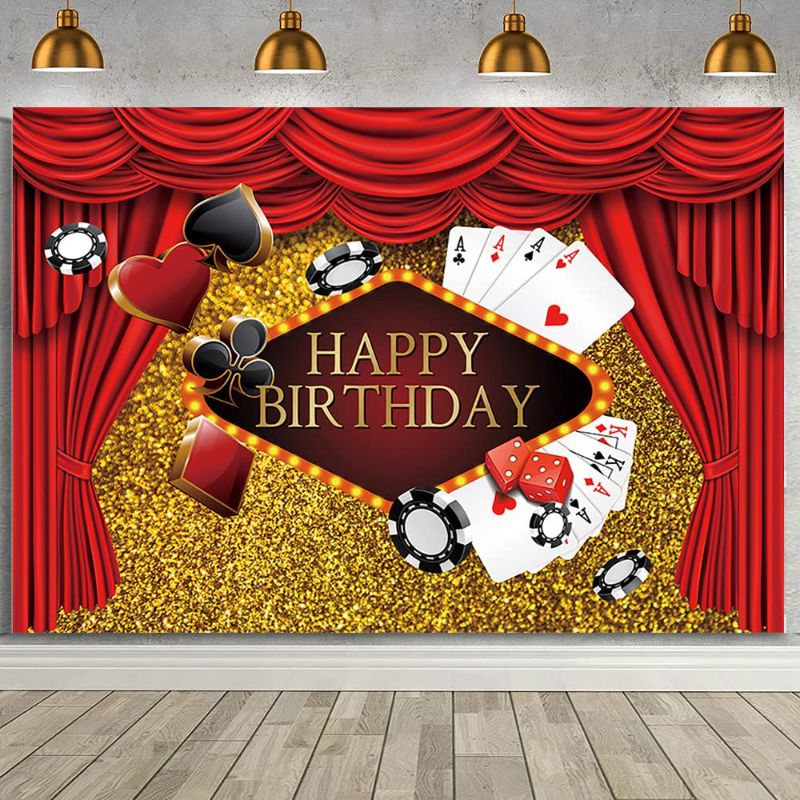 Photo 1 of AIBIIN Red and Gold Glitter Casino Birthday Backdrop Casino Theme Night Poker Las Vegas Party Decorations Birthday Backdrop 