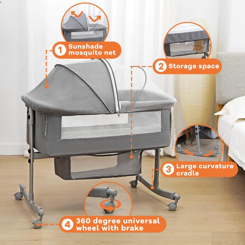 Photo 4 of (READ NOTES) uiuwoo Bedside Crib for Baby, 3 in 1 Bassinet with Large Curvature Cradle, Adjustable and Movable Baby Bed with Mosquito Nets, Sleeper Safety Certificattion Guarantee Grey