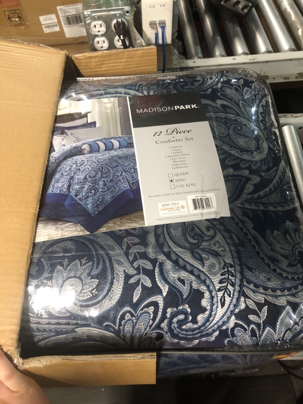 Photo 2 of (READ NOTES) Madison Park Aubrey King Size Bed Comforter Set Bed in A Bag -12 Pieces Bedding Sets & Aubrey Faux Silk Paisley Jacquard, Rod Pocket Curtain with Privacy Lining, 50" x 95", Navy