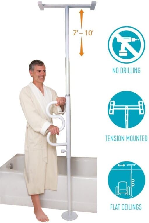 Photo 4 of (READ NOTES) Stander Security Pole and Curve Grab Bar, Elderly Tension Mounted Floor to Ceiling Transfer Pole, Bathroom Safety Assist and Stability Rail, Iceberg White