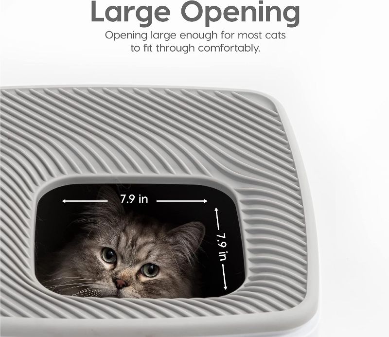 Photo 3 of (READ NOTES) IRIS USA Large Premium Square Top Entry Cat Litter Box with Scoop, Kitty Litter Pan with Litter Particle Catching Cover and Privacy Walls, White/Gray Premium - White