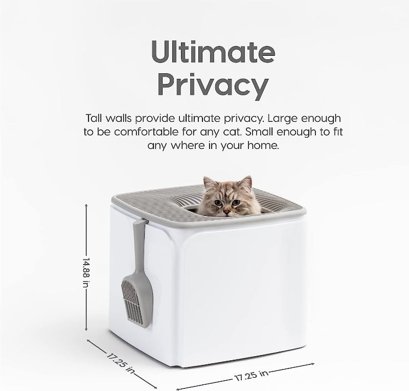 Photo 1 of (READ NOTES) IRIS USA Large Premium Square Top Entry Cat Litter Box with Scoop, Kitty Litter Pan with Litter Particle Catching Cover and Privacy Walls, White/Gray Premium - White