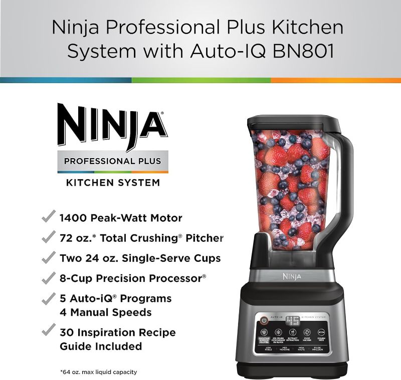 Photo 3 of (READ NOTES) Ninja BN801 Professional Plus Kitchen System, 1400 WP, 5 Functions for Smoothies, Chopping, Dough & More with Auto IQ, 72-oz.* Blender Pitcher, 64-oz. Processor Bowl, (2) 24-oz. To-Go Cups, Grey (2) Single-Serve Cups + Pitcher