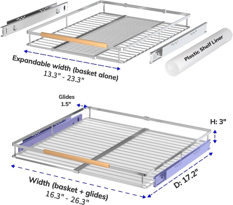 Photo 4 of (READ NOTES) KIKIBRO Pull Out Drawer Cabinet Organizer, Expandable Slide Out Storage Shelves - Heavy Duty, Better Utilize Cabinets, Under Sink and Wardrobe, Opening Size Required 23"~40" 1 PACK X-Large W(23"~40") x D22.5" 1 Pack