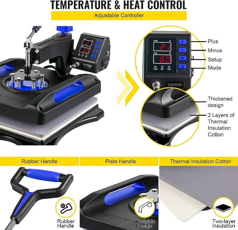 Photo 4 of (READ NOTES) VEVOR Heat Press Machine 15 x 15 Inch 8 in 1 Heat Press 800W Sublimation Machine 360° Rotation Swing Away 8 in 1 Shirt Printing Machine Dual-Tube Heating for DIY T-Shirts Cap & Mugs Blue