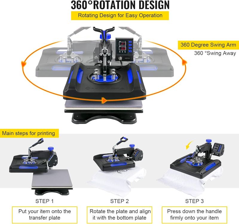 Photo 5 of (READ NOTES) VEVOR Heat Press Machine 15 x 15 Inch 8 in 1 Heat Press 800W Sublimation Machine 360° Rotation Swing Away 8 in 1 Shirt Printing Machine Dual-Tube Heating for DIY T-Shirts Cap & Mugs Blue