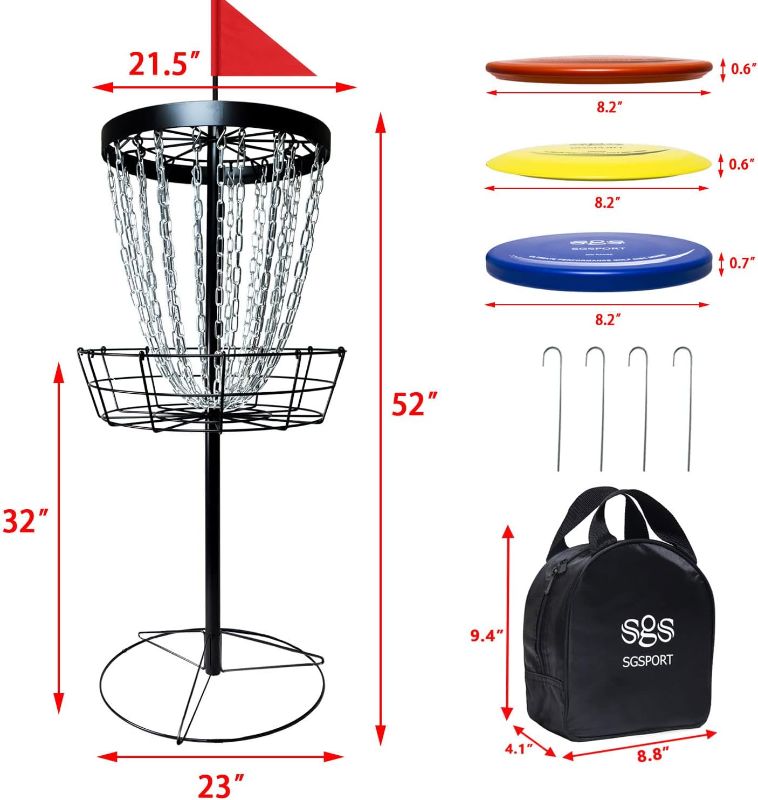 Photo 3 of (READ NOTES) SGSPORT Disc Golf Basket with Discs | Portable Disc Golf Target with Heavy Duty 24-Chains Disc Golf Course Basket, Come with 6pcs Disc Golf Discs with Carry Bag Black