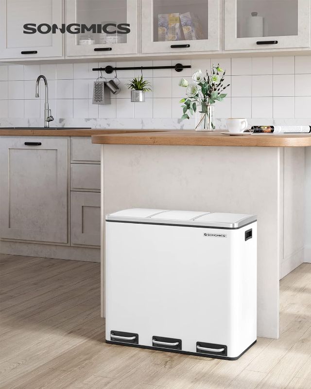 Photo 4 of (READ NOTES) SONGMICS Trash Can, 3 x 4.8 Gallon Garbage Can, 14.4 Gallon Recycle Bin with Soft-Close Lids, Pedals, and Inner Buckets for Kitchen, Stainless Steel, White ULTB154W01