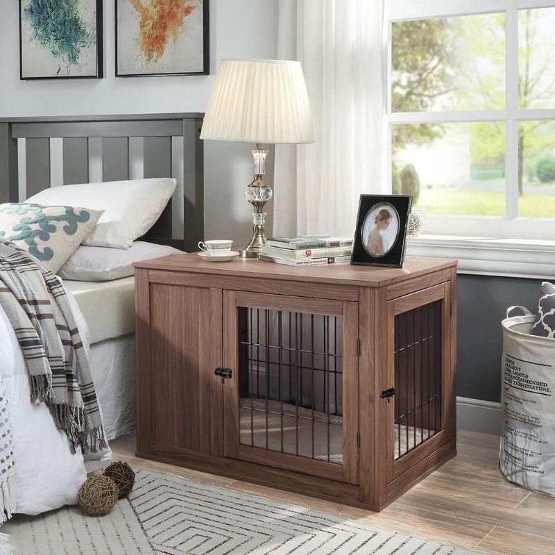 Photo 2 of (READ NOTES) unipaws Furniture Style Dog Crate End Table with Cushion, Wooden Wire Pet Kennels with Double Doors, Medium Dog House Indoor Use Small Walnut