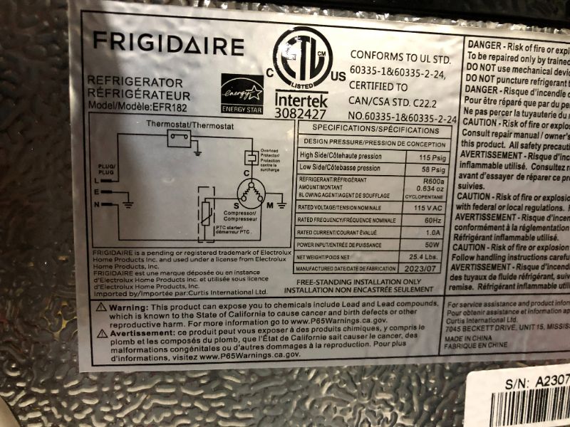 Photo 4 of ***NOT FUNCTIONAL - FOR PARTS - NONREFUNDABLE - SEE NOTES***
Frigidaire EFR182 1.6 cu ft Stainless Steel Mini Fridge